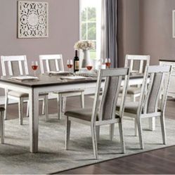 Brand New Weathered White Dark Walnut & Grey 7pc Dining Table Set 