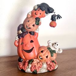 Vintage Jack O Lantern Bat Theme Tea Light Candle Holder Halloween Decor 1990’s