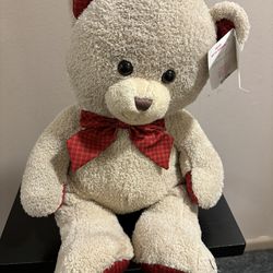 HugFun Tan Bear Plush 21 Inch Red Plaid Ears Bow Paws Stuffed Animal Toy