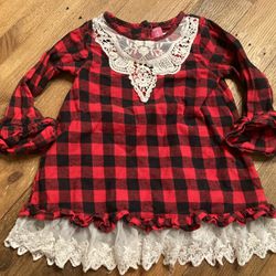 Goodlad 3T Girls Christmas Shirt Tunic Red Buffalo Plaid Flannel Lace Ruffle