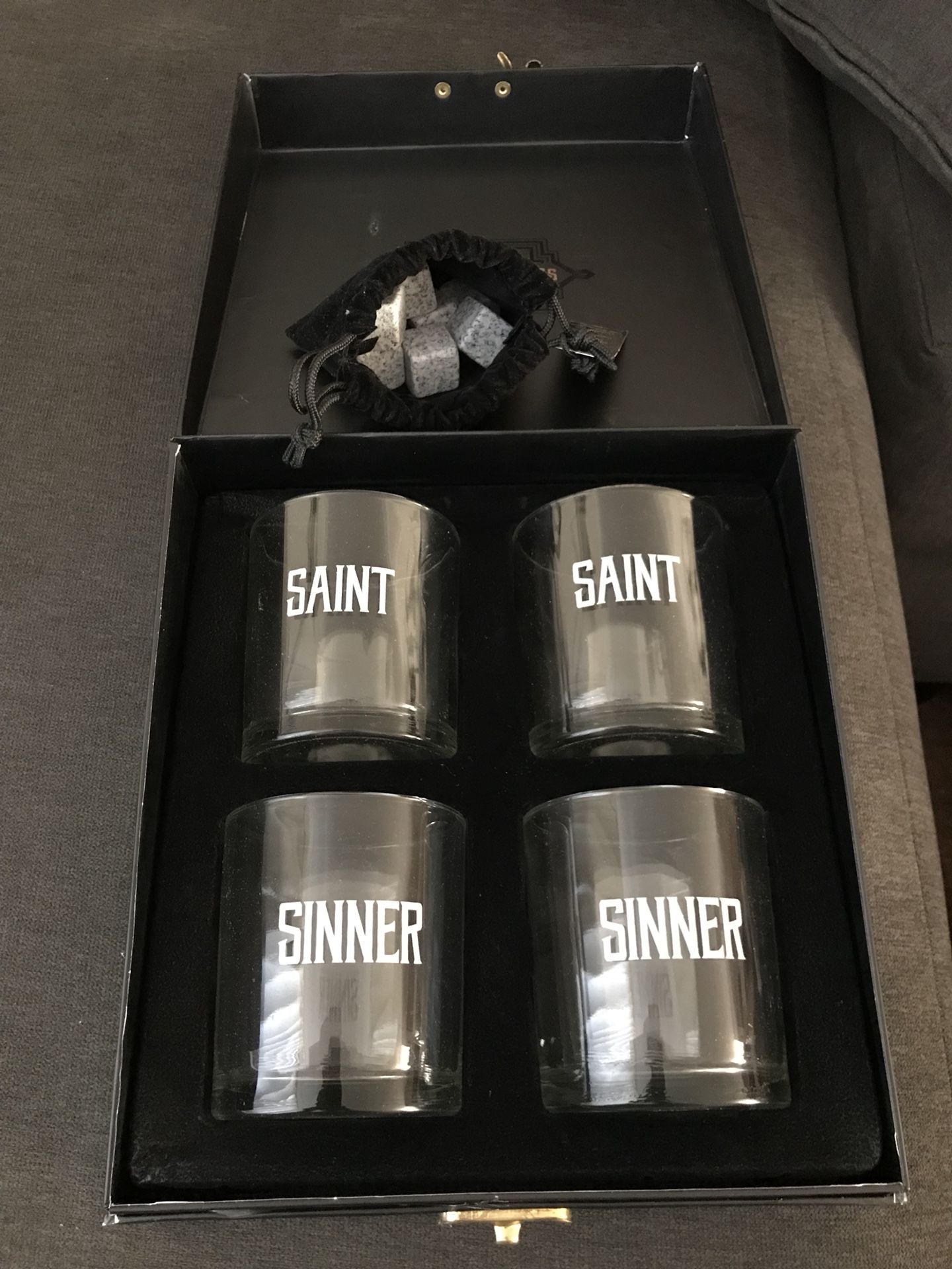 Saints & Sinners whiskey glasses w/ whiskey stones