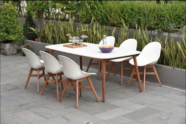 BRAND NEW Open Box 7 Piece 100% FSC Solid Wood Patio Dining Set In White | Ideal Furniture Set For Outdoor