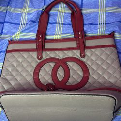 Brown and red tote bag