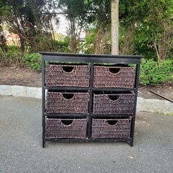 Black Wood Storage Chest with 6 Wicker Baskets