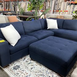 Thomasville Devyn blue fabric Couch With Storage Ottoman 