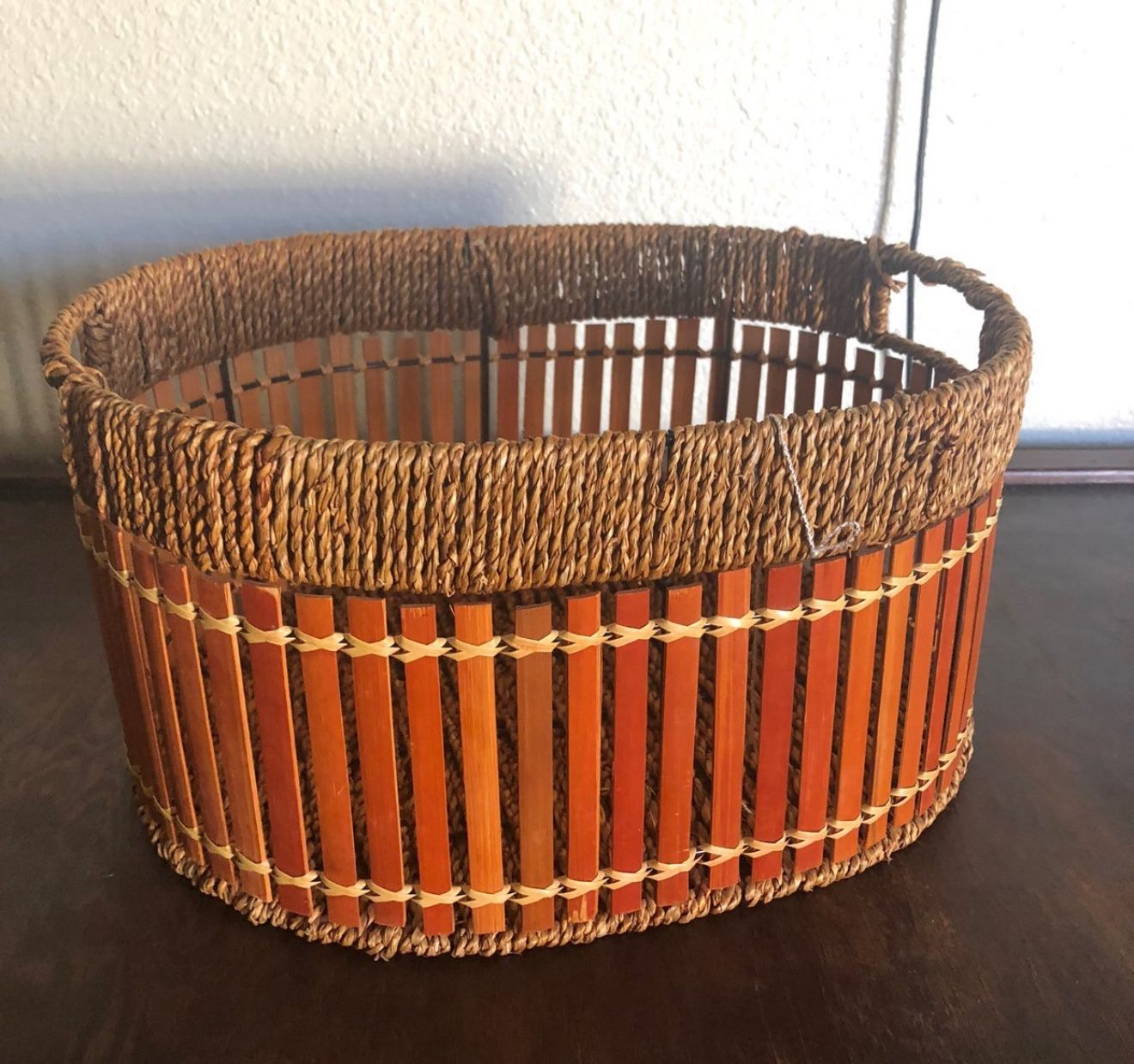 Vintage bamboo wicker oval Basket 14”