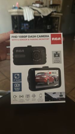 RCA FHD 1080P Dash Camera, featuring a 3-inch screen, G-sensor, and parking monitor functionality