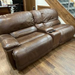 Used Brown Leather Double Electric Plug-in Recliner Sectional Couch Loveseat 