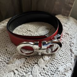 Authentic Salvatore Ferragamo Red Leather Silver Gancini Belt 36” W/ Dust Bag