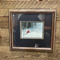 Winter Cardinal Jim Gray Wood Framed Print Matted Lithograph Red Bird  Snow Forest Nature Wildlife 