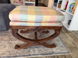 Antique Carved Wood X frame  Ottoman with Cushion