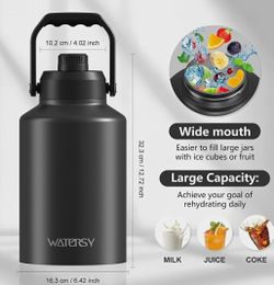 WATERSY 128oz Stainless Insulated Water Bottle Black Twist Lid 48H/24H