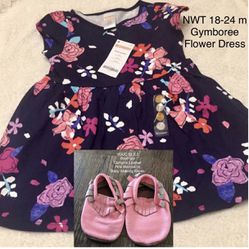 NWT 18-24 m Gymboree Flower Cotton Dress  & VGUC 5.5 Pink Boutique Moccasin Leather Shoes Outfit