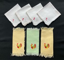 Vintage Bundle of 7 Linen Cocktail Napkins Embroidered with Rooster