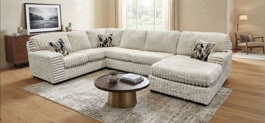 Large Cream Textured Sectional Sofa with Chaise