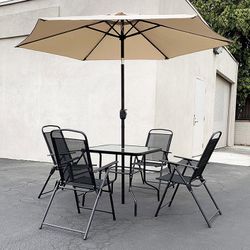 (NEW) $135 Outdoor 6pcs Patio Set with 32x32” Table, 4pc Folding Chairs and 10ft Tilt Umbrella 