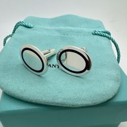 Tiffany Co Sterling Silver Blue Enamel Oval Cuff Links Cufflinks Pouch & Box