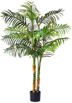 5FT Artificial Palm Tree Tall Plant with Planter & Moss, Realistic 2-Trunk Artificial Tree with Lights, Lifelike Leaves Fake Palm Tree, Low Maintenanc