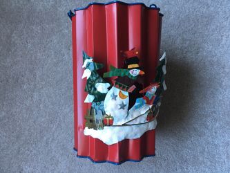 Christmas red metal candle holder (incl candle) with handle for carrying or hanging