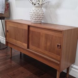 Authentic vintage Danish mid-century modern teak credenza, marked “Made in Denmark