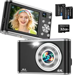 Brand new in box 4K Digital Camera for Photography 48MP Dual Lens Autofocus 16X Zoom, Black Compact with Anti-Shake, Flash, 2.8" Screen, Vlogging Came