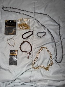 Assorted Women’s Jewelry - Gold & Silver Chains with Brown Bead Bracelets. Bracelets are hand made but can be taken apart to use beads