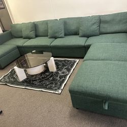 156”Oversized Sectional Sofa w/Storage Ottoman, 7 Deep Fabric Seats Modular Couch for Living Room