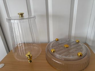 Party set: 1.5 gallon plastic water dispenser, spinner tray, and 4 dishes, all for $20