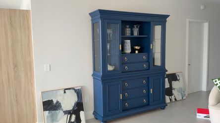 Blue Painted China Cabinet Hutch with Brass Hardware