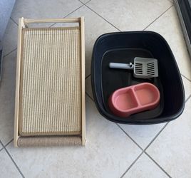 Starter supply kit Cat Litter Box + Scratcher scratching Ramp pad + Food Bowl Set