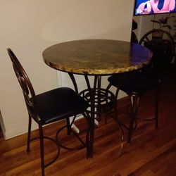 Round Glass Or Wood Table And 2 Metal Bar Stools Chairs
