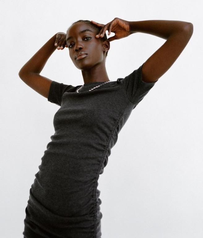 Zara Tight Grey Ribbed Short Sleeve Mini Dress - Size M