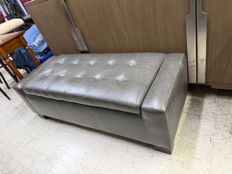 Gray Faux Leather Tufted Storage Ottoman Bench that opens chest