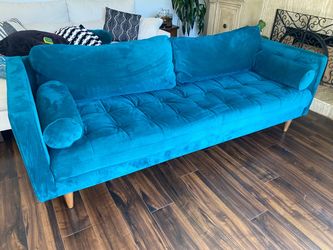 Peacock blue velvet Joybird sofa