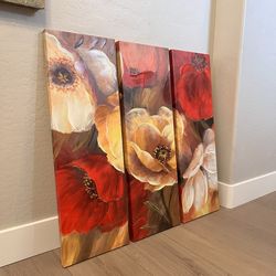36x36 Three Piece canvas Art Multicolor Red/Yellow/Brown/Beige Floral Art