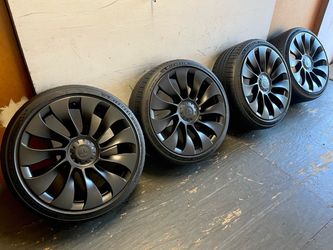 21’ Inch Tesla Uberturbine Model Y Wheels Satin Black Michelin Pilot Sport All Season Tires 5x114 Bolt