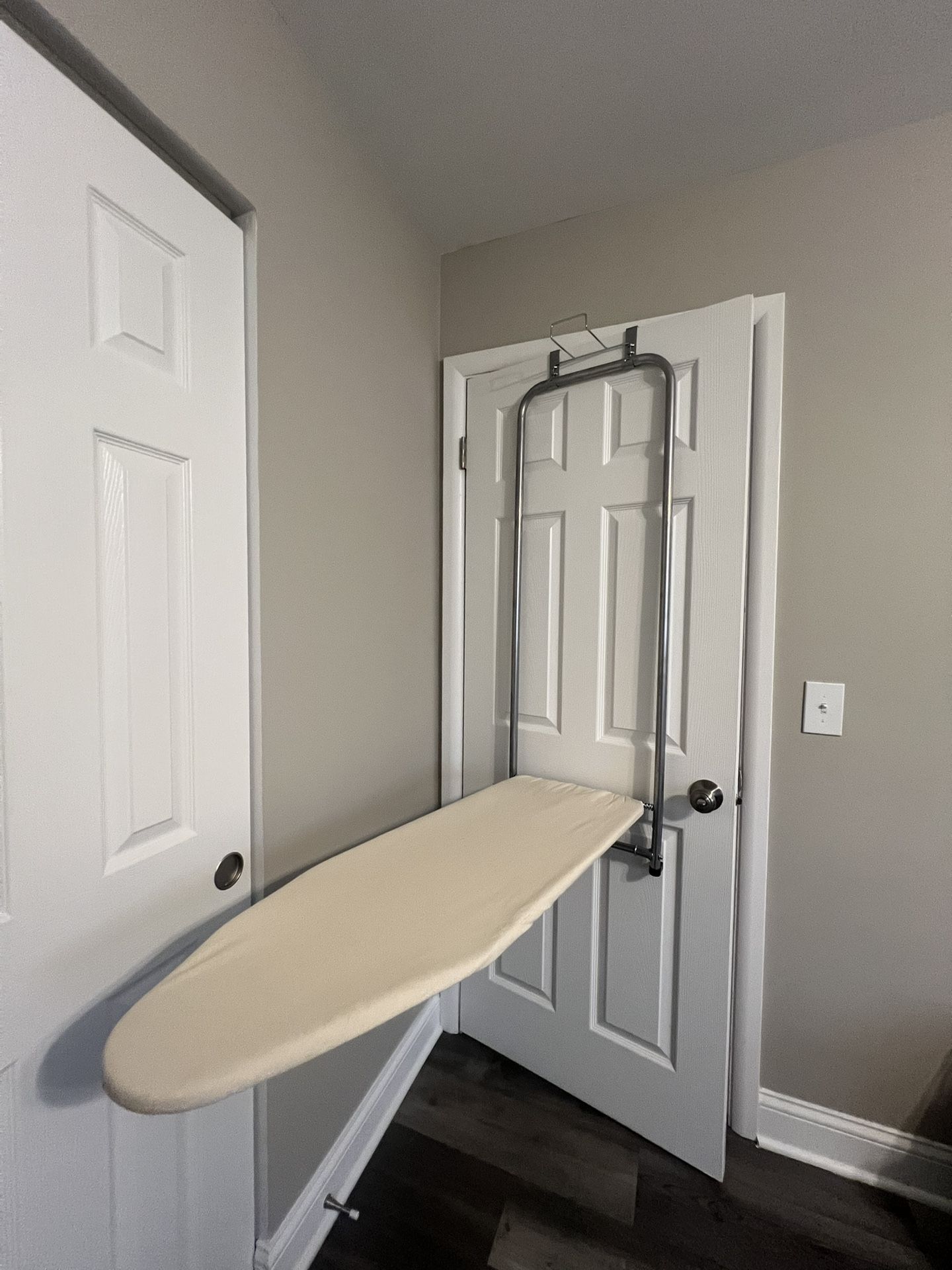 Household Essentials Over The Door Small Ironing Board with Iron Holder, Natural Cotton Cover Silver