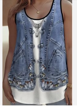 Printed Denim Vest Shirt Without Sleeves