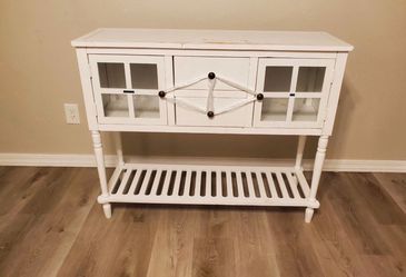 White Wood Console Table with Glass Doors