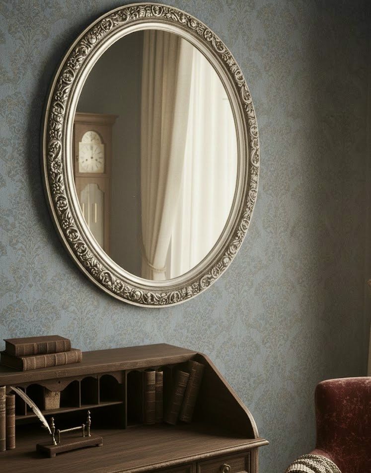 Aged Silver Oval Vanity Mirror Elegant Design