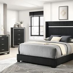 Gennro Black Corduroy Upholstered Panel Bedroom Set
