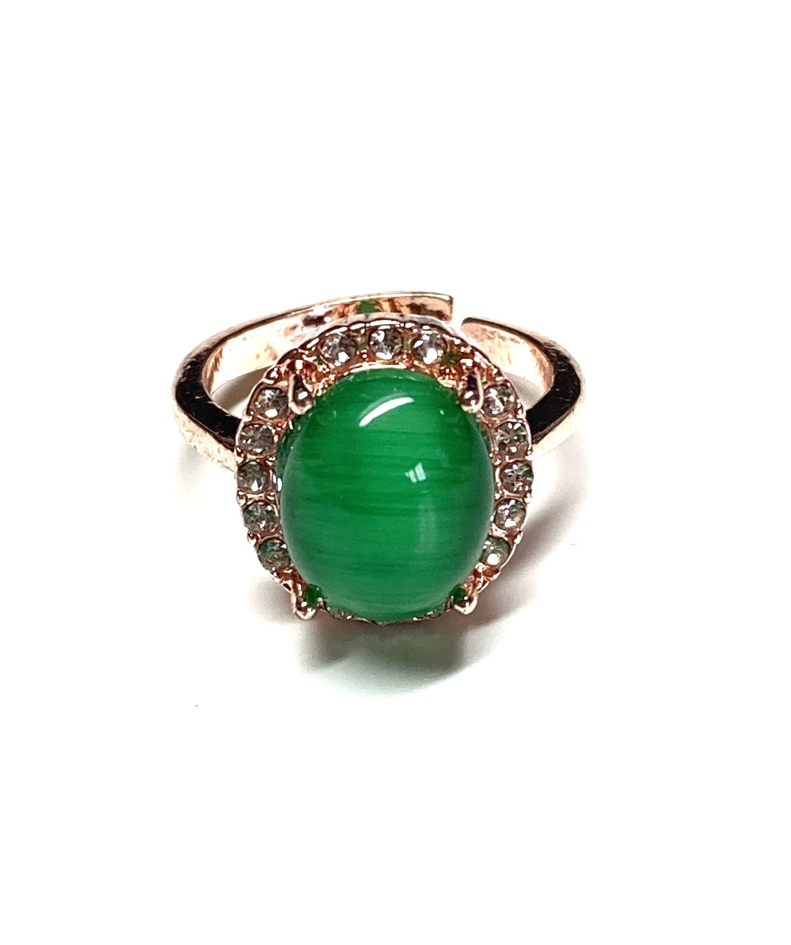 Rose Gold Green Jade Oval Open Ring Adjust Size 6.5-8.5
