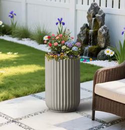 14 in. Large Stone Gray(Upgraded Interior) Concrete Tall Round Planter / Pot Ribbed Design Plant Pot with Drainage Hole