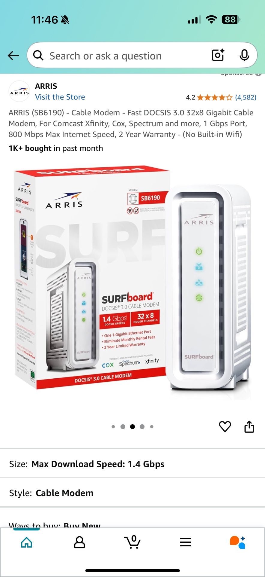 ARRIS (SB6190) - Cable Modem - Fast DOCSIS 3.0 32x8 Gigabit Cable Modem, For Comcast Xfinity, Cox, Spectrum and more, 1 Gbps Port, 800 Mbps Max Intern