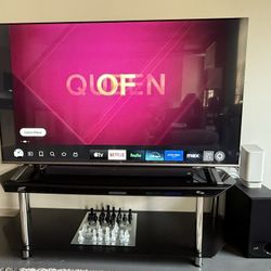 65” Toshiba 4K TV + Polk Soundbar/Sub + Glass TV Stand – Full Setup!