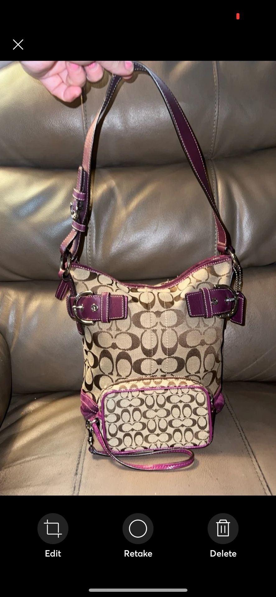 Coach Signature Vintage Purple Leather Trim Shoulderbag with matching wristlet