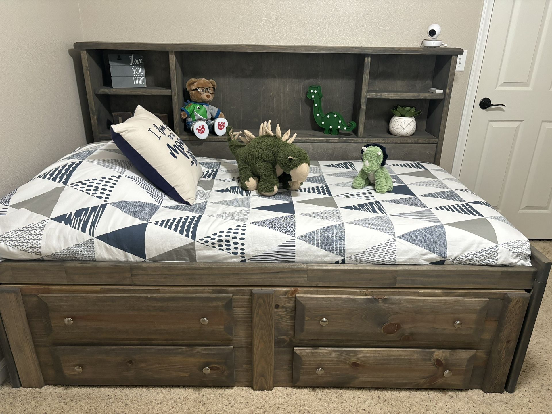 Twin Daybed Summit Grey Solid Wood  w/ Bookshelf, Drawers And Underneath Storage