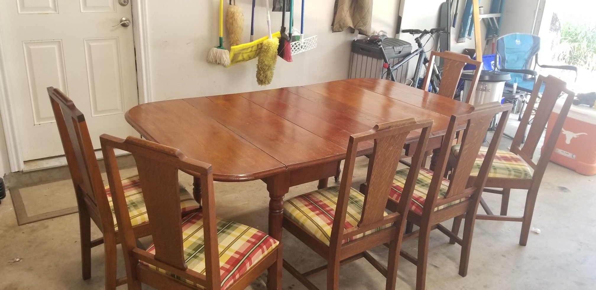 Antique Drop Leaf Table with 3 Leaves and 6 Re-Covered Antique Chairs