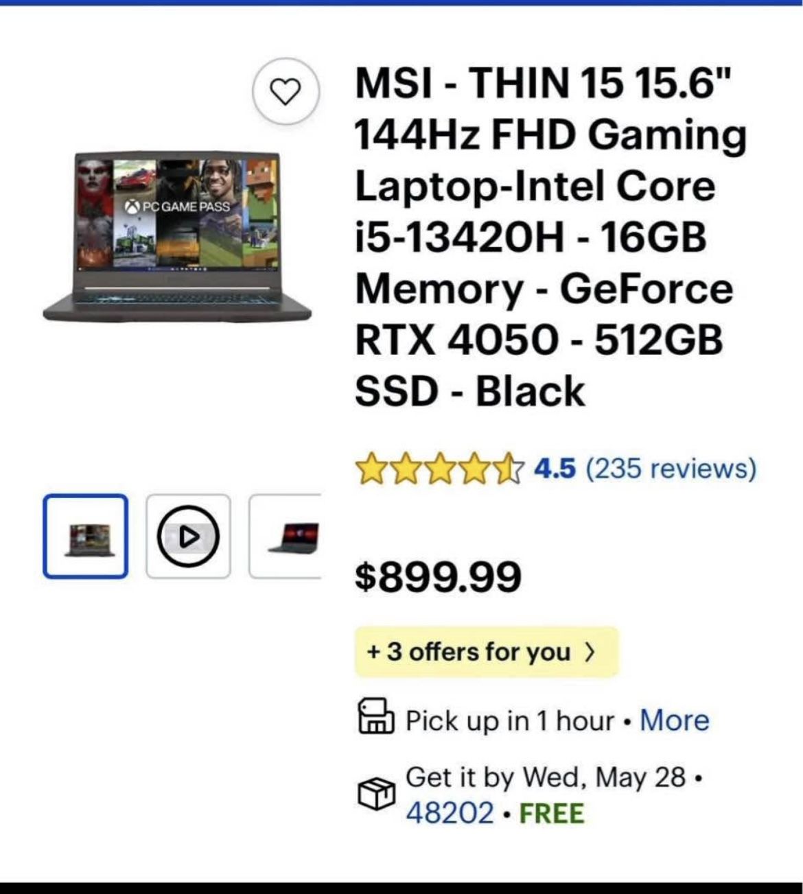 MSI - THIN 15 15.6" 144hz gaming laptop RTX 4050