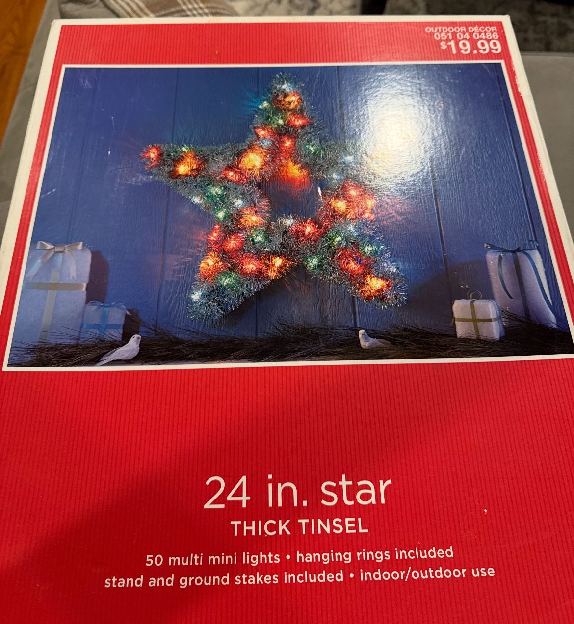 24" Thick Tinsel lighted star, rings,stand, ground stakes included